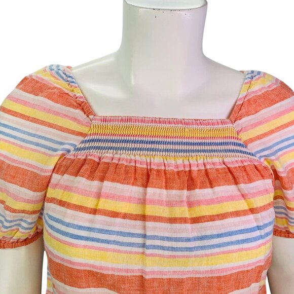 Talbots Womens Square Neck Linen Top Palm Stripe Multicolor Smocked Petite Mp - Picture 4 of 11